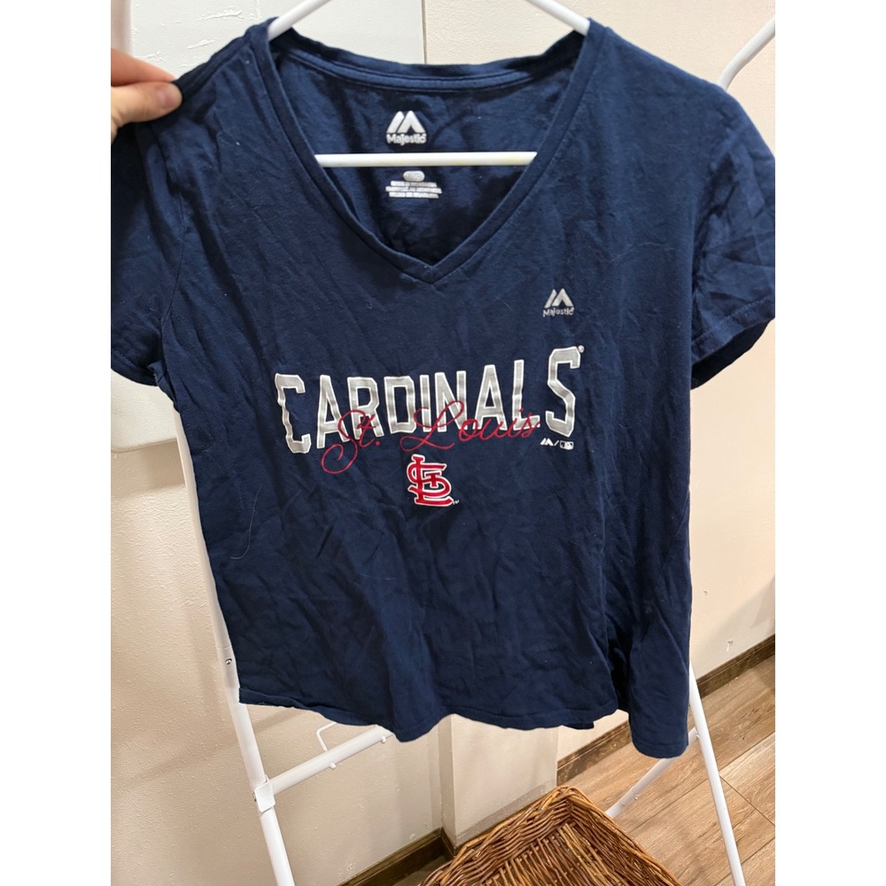 Majestic St Louis Cardinals Womens Navy Blue V-Neck Graphic T-Shirt Size Large
